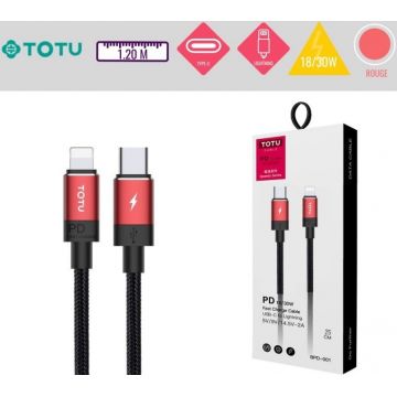 Câble USB-C vers Lightning 18/30W rouge 1.2M TOTU - BPD-001