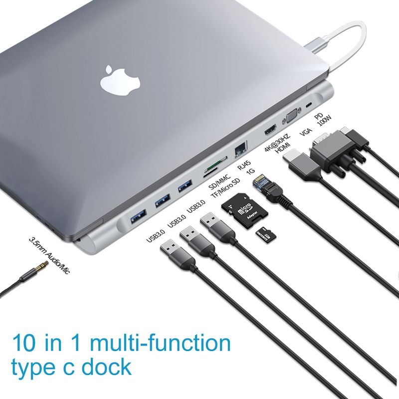 STATION D ACCUEIL USB 3.1 Type C 10 Ports HEDEN HDMI-RJ45-VGA- 3 X USB 3.0-  1 USB C Lec miro SD/SD-Jack 3.5 Réf : HUBUSB