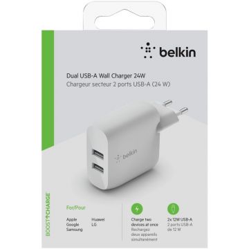 Chargeur 2 ports USB - Boost Charge 24W - BELKIN WCB002VFWH