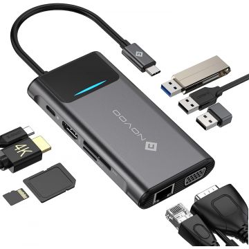 Hub USB-C NOVOO : USB C vers HDMI 4K, VGA, Gigabit Ethernet, PD 100W, 3 USB 3.0, SD/TF