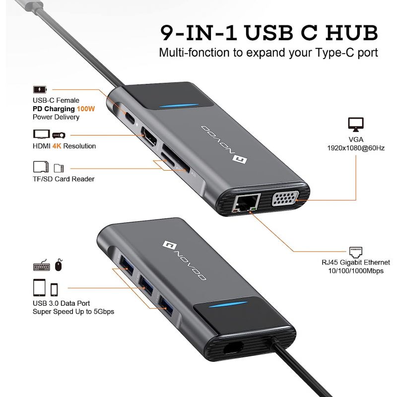 NOVOO USB C Hub Portable, 8-en-1 Adaptateur USB-C vers Type C 100W