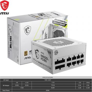 Alimentation 850w MSI Mag A850GL PCIe5 80+ GOLD - ATX3.1 - PCI-E 5.0 - blanche - 306-7ZP8A24-CE0